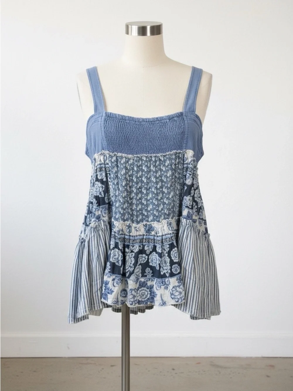 Free People Mixed Blue Patchwork Smocked Camisole